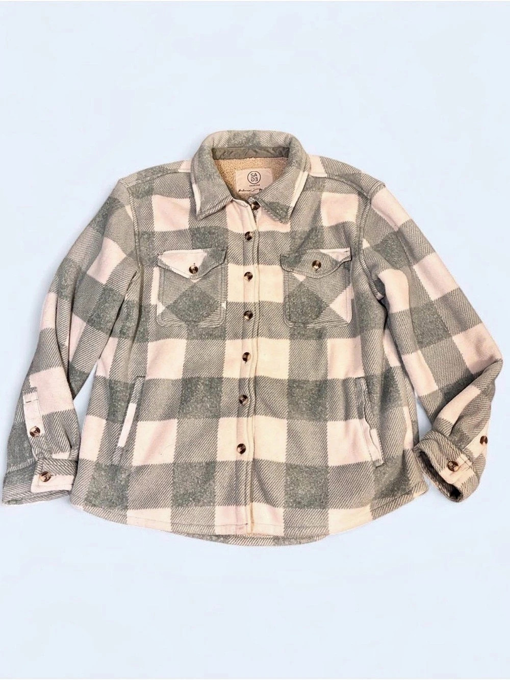 Sage Collective Plaid Sherpa-Lined Shirt Jacket in Green & Cream Large